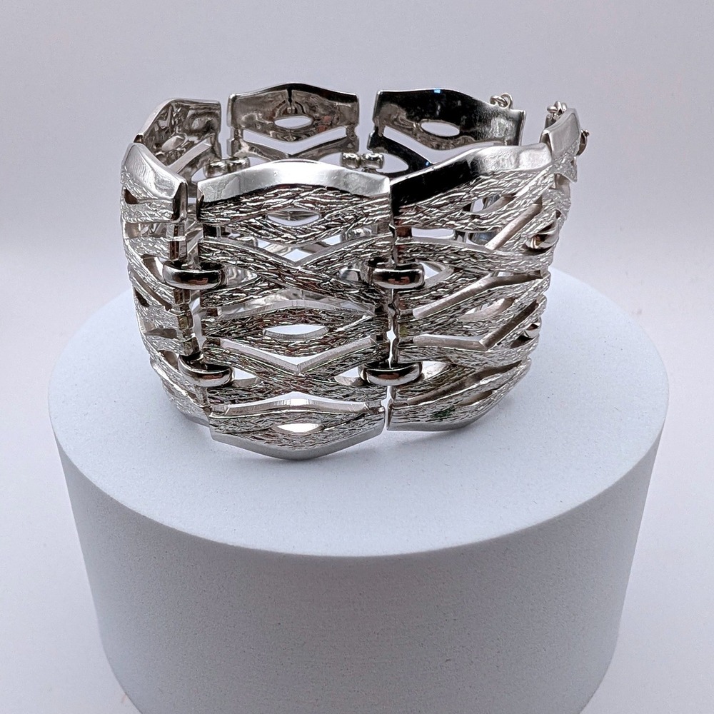 Vintage Monet Silver Tone Wide Panel XO Link Bracelet Texture Openwork Statement